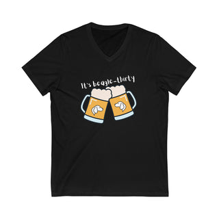 Beagle-Thirty Mugs Unisex Short Sleeve V-Neck Tee in Black. The front of shirt showcases Two Dog Adorned Mugs clinking with the saying, "It's Beagle-Thirty" above it. Back of shirt features corresponding Benefit Beagle Logo.