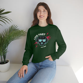 Play Hard Unisex Heavy Blend Crewneck Sweatshirt in Forest Green. The design features a cool dog with sunglasses and lightening bolts around it. The phrase "Live Fast, Play Hard" is around the design.