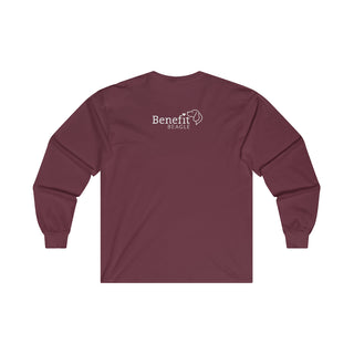 Easily Distracted Ultra Cotton Long Sleeve Tee in Maroon. Shown is back design with the classic Benefit Beagle Logo. The front design features a dog waving with the saying "Easily Distracted by Dogs" below it.