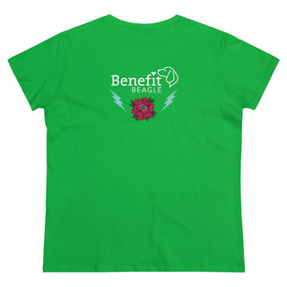 Stay Wild Women's Midweight Cotton Tee in Irish Green. Shown is the back of shirt with Benefit Beagle Logo complete with Tattoo Rose. On front of shirt is Stay Wild Design featuring a tattoo style rose with the phrase "Stay Wild, Play Hard" around it.