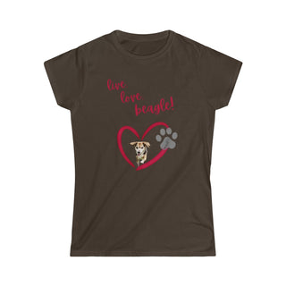 Live, Love, Beagle Women's Softstyle Tee in Dark Chocolate. The Live, Love, Beagle design features a dog running through a heart with the phrase "Live, Love, Beagle!" above it.