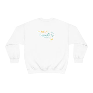 Beagle-Thirty Bottles Unisex Heavy Blend Crewneck Sweatshirt in White. Shown is back of shirt featuring "Beagle-Thirty" Benefit Beagle Logo. The front Showcases Two Paw Labeled Bottles clinking with, "It's Beagle-Thirty" written next to it.