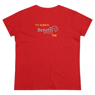 Beagle-Thirty Bottles Women's Midweight Cotton Tee in Red. Shown is back of shirt featuring "Beagle-Thirty" Benefit Beagle Logo. The front Showcases Two Paw Labeled Bottles clinking with, "It's Beagle-Thirty" written next to it.