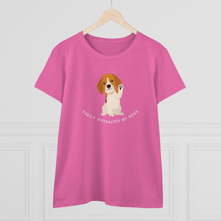 Easily Distracted Women's Midweight Cotton Tee in Azalea. Shown is front design featuring a dog waving with the saying "Easily Distracted by Dogs" below it. The back of shirt has the classic Benefit Beagle Logo.