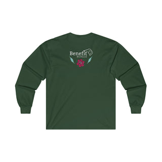 Stay Wild Ultra Cotton Long Sleeve Tee in Hunter Green.  Shown is the back of shirt with Benefit Beagle Logo complete with Tattoo Rose. On front of shirt is Stay Wild Design featuring a tattoo style rose with the phrase "Stay Wild, Play Hard" around it.