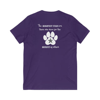 Brightest Star unisex V-Neck Tee shirt in Purple. The Brightest Star design features a design on the back with the phrase "The brightest stars are those who shine for the benefit of others" with a pawprint and a nautical star.