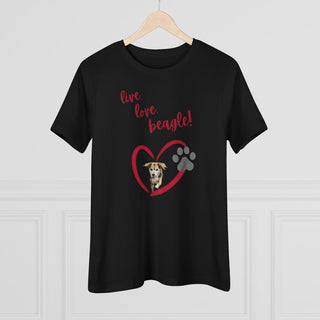 Live, Love, Beagle Women's Premium Tee in Black. The Live, Love, Beagle design features a dog running through a heart with the phrase "Live, Love, Beagle!" above it.