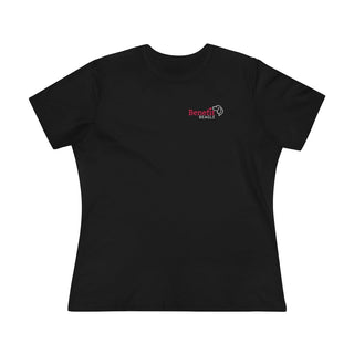 Different Pawspective Women's Premium Tee in Black. Shown is front of shirt with Benefit Beagle logo in the top corner . On the back is large colorful pawprint with the the phrase "Life is all about finding the beauty in a different pawspective" circled around it.