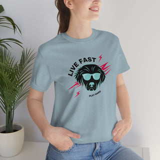 Play Hard Unisex Jersey Short Sleeve Tee Shirt in Light Blue. The design features a cool dog with sunglasses and lightening bolts around it. The phrase "Live Fast, Play Hard" is around the design.