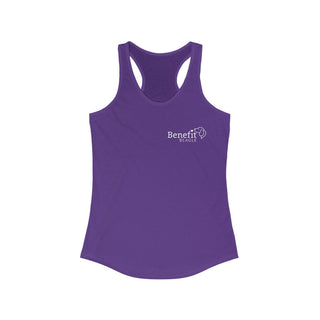 Live in the Moment Women's Ideal Racerback Tank in Purple Rush. The Live in the Moment design features the Benefit Beagle logo in the top corner of the garment.