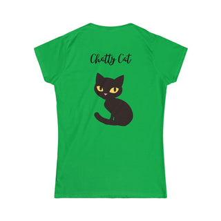 Meow Women's Softstyle Tee in Irish Green. Shown is back showcasing a wide eyed black cartoon cat with the phrase "Chatty Cat" above it. On front of shirt is the Benefit Beagle Logo featuring a peeping cat.