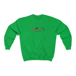 Meow Unisex Crewneck Sweatshirt in Irish Green. Shown is front of shirt with the Benefit Beagle Logo featuring a peeping cat. The back showcases a wide eyed black cartoon cat with the phrase "Chatty Cat" above it.