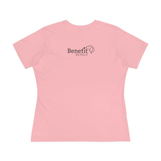 Signature Tattoo Flowers Women's Premium Tee in Pink. Shown is back of shirt with the Benefit Beagle Logo. Front of shirt has the Signature Tattoo Flowers design featuring a dog with flowers around it and the phrase "Beagletude" and "Nothing is Impawssible".