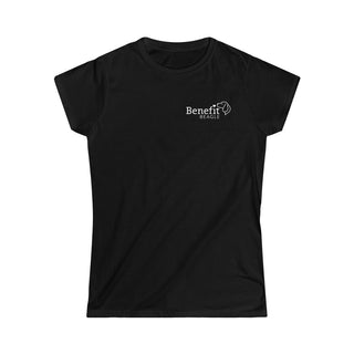 Live in the Moment Women's Softstyle Tee in Black. The Live in the Moment design features the Benefit Beagle logo in the top corner of the garment.