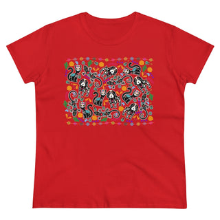 Dia De Los Muertos Women's Midweight Cotton Tee Shirt in Red. Shown is the front of shirt featuring print of dogs and cats with Dia de los Muertos traditional decorations. On the back is a similar Benefit Beagle Logo.