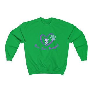 Live, Love, Beagle Crewneck Sweatshirts in Irish Green. The Live, Love, Beagle design features a dog running through a heart with the phrase "Live, Love, Beagle!" under it.