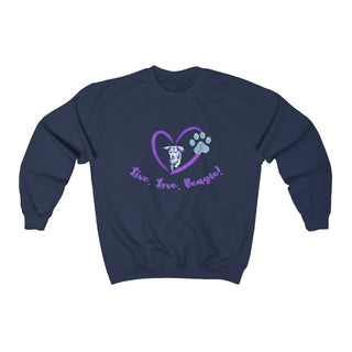 Live, Love, Beagle Crewneck Sweatshirts in Navy. The Live, Love, Beagle design features a dog running through a heart with the phrase "Live, Love, Beagle!" under it.