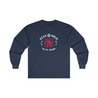 Stay Wild Ultra Cotton Long Sleeve Tee in Navy. The Stay Wild Design features a tattoo style rose with the phrase "Stay Wild, Play Hard" around it. The back of shirt features the Stay Wild Benefit Beagle Logo Design.