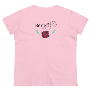 Stay Wild Women's Midweight Cotton Tee in Light Pink. Shown is the back of shirt with Benefit Beagle Logo complete with Tattoo Rose. On front of shirt is Stay Wild Design featuring a tattoo style rose with the phrase "Stay Wild, Play Hard" around it.