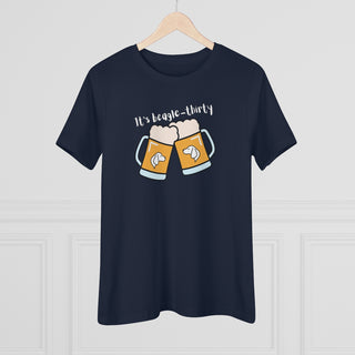 Beagle-Thirty Mugs Women's Premium Tee in Navy. The front of shirt showcases Two Dog Adorned Mugs clinking with the saying, "It's Beagle-Thirty" above it. Back of shirt features corresponding Benefit Beagle Logo.