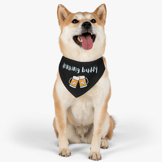 Dog wearing Beagle-Thirty Mugs Dog Collar Bandana in Black. The Beagle-Thirty Mugs design features two dog adorned mugs clinking with the saying "Drinking buddy" above it. Comes with adjustable black collar.