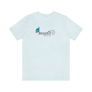 Lincoln Butterfly Unisex Jersey Short Sleeve Tee in Ice Blue. Shown is the front of shirt with Benefit Beagle Logo kissed by butterfly. The back of shirt showcases profile of a dog with a blue butterfly on its nose and the phrase "Kindness is Strength" next to it.