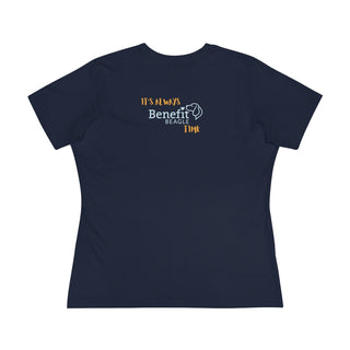 Beagle-Thirty Mugs Women's Premium Tee in Navy. Shown is back of shirt featuring "Beagle-Thirty" Benefit Beagle Logo. The front Showcases Two Dog Adorned Mugs clinking with, "It's Beagle-Thirty" written above it.