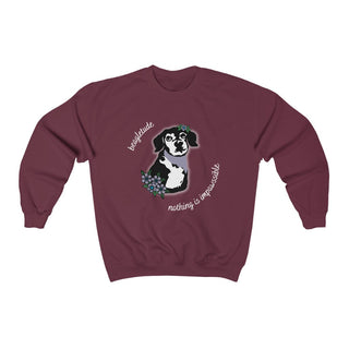 Signature Tattoo Flowers Crewneck Sweatshirt in Maroon. Shown is front of shirt with the Signature Tattoo Flowers design featuring a dog with flowers around it and the phrase "Beagletude" and "Nothing is Impawssible". Back of shirt features the Benefit Beagle Logo.