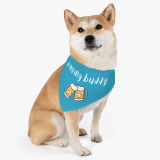 Dog wearing Beagle-Thirty Mugs Dog Collar Bandana in Blue. The Beagle-Thirty Mugs design features two dog adorned mugs clinking with the saying "Drinking buddy" above it. Comes with adjustable black collar.