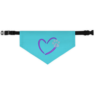 Live, Love, Beagle Dog Collar Bandana in Blue. The Live, Love, Beagle design features a heart with a paw print. Comes with black adjustable collar.