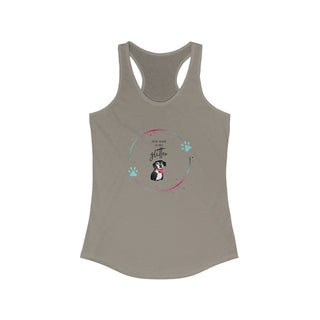 Dog Hair is my Glitter Women's Racerback Tank in Warm Grey. The Dog Hair is my Glitter design features a dog with the phrase "Dog Hair is my Glitter" above it and it is surrounded by a circle with paw prints.