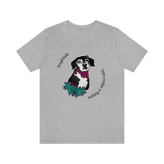 Signature Tattoo Roses Unisex Short Sleeve Tee in Athletic Heather. Shown is front of shirt with the Signature Tattoo Roses design featuring a dog with roses around it and the phrase "Beagletude" and "Nothing is Impawssible". Back of shirt features the Benefit Beagle Logo.