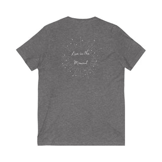 Live in the Moment V-Neck Tee in Deep Heather. The Live in the Moment design features a graphic on the back with the phrase "Live in the Moment" surrounded by shooting stars.