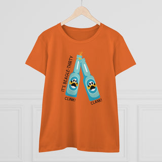 Beagle-Thirty Bottles Women's Midweight Cotton Tee in Orange. The front of shirt showcases Two Paw Labeled Bottles clinking with the saying, "It's Beagle-Thirty". Back of shirt features corresponding Benefit Beagle Logo.