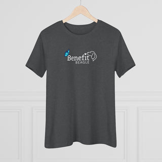 Lincoln Butterfly Women's Premium Tee in Asphalt. Shown is the front of shirt with Benefit Beagle Logo kissed by butterfly. The back of shirt showcases profile of a dog with a blue butterfly on its nose and the phrase "Kindness is Strength" next to it.