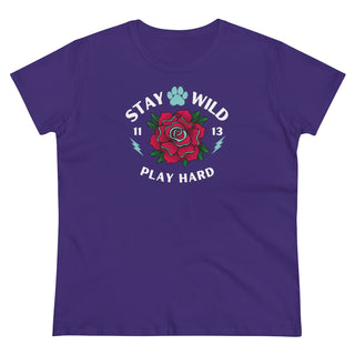 Stay Wild Women's Midweight Cotton Tee in Purple. Shown is front of Stay Wild Design features a tattoo style rose with the phrase "Stay Wild, Play Hard" around it. The back of shirt features the Stay Wild Benefit Beagle Logo Design.