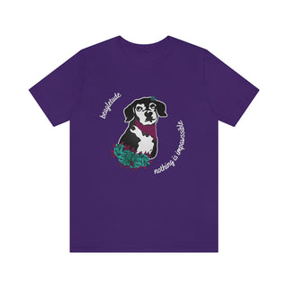 Signature Tattoo Roses Unisex Short Sleeve Tee in Purple. Shown is front of shirt with the Signature Tattoo Roses design featuring a dog with roses around it and the phrase "Beagletude" and "Nothing is Impawssible". Back of shirt features the Benefit Beagle Logo.