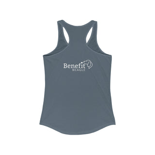 Easily Distracted Women's Racerback Tank in Indigo. Shown is back design with the classic Benefit Beagle Logo. The front design features a dog waving with the saying "Easily Distracted by Dogs" below it.