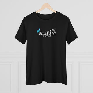 Lincoln Butterfly Women's Premium Tee in Black. Shown is the front of shirt with Benefit Beagle Logo kissed by butterfly. The back of shirt showcases profile of a dog with a blue butterfly on its nose and the phrase "Kindness is Strength" next to it.