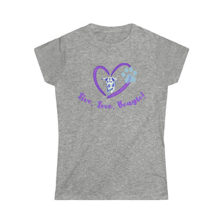 Live, Love, Beagle Women's Softstyle Tee in Sport Grey. The Live, Love, Beagle design features a dog running through a heart with the phrase "Live, Love, Beagle!" under it.