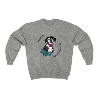 Signature Tattoo Roses Crewneck Sweatshirt in Sport Grey. Shown is front of shirt with the Signature Tattoo Roses design featuring a dog with roses around it and the phrase "Beagletude" and "Nothing is Impawssible". Back of shirt features the Benefit Beagle Logo.