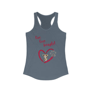 Live, Love, Beagle Women's Ideal Racerback Tank in Indigo. The Live, Love, Beagle design features a dog running through a heart with the phrase "Live, Love, Beagle!" above it.