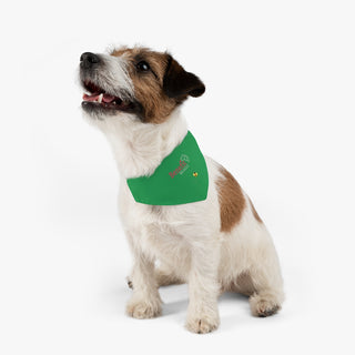 Dog wearing Bee Pawsitive Dog Collar Bandana in Green. The Bee Pawsitive design features the Benefit Beagle logo with a bumble bee flying under it. Comes with adjustable black collar.