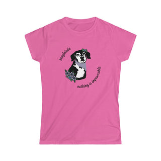 Signature Tattoo Flowers Women's Softstyle Tee in Azalea. Shown is front of shirt with the Signature Tattoo Flowers design featuring a dog with flowers around it and the phrase "Beagletude" and "Nothing is Impawssible". Back of shirt features the Benefit Beagle Logo.