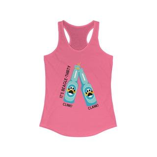 Beagle-Thirty Bottles Women's Racerback Tank in Hot Pink. The front of shirt showcases Two Paw Labeled Bottles clinking with the saying, "It's Beagle-Thirty". Back of shirt features corresponding Benefit Beagle Logo.