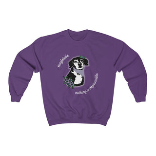 Signature Tattoo Flowers Crewneck Sweatshirt in Purple. Shown is front of shirt with the Signature Tattoo Flowers design featuring a dog with flowers around it and the phrase "Beagletude" and "Nothing is Impawssible". Back of shirt features the Benefit Beagle Logo.