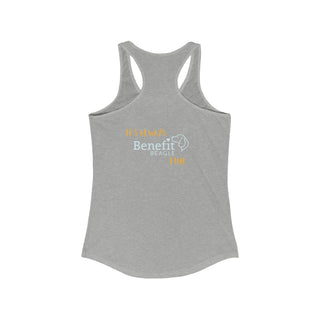 Beagle-Thirty Mugs Women's Racerback Tank in Heather Grey. Shown is back of shirt featuring "Beagle-Thirty" Benefit Beagle Logo. The front Showcases Two Dog Adorned Mugs clinking with, "It's Beagle-Thirty" written above it.