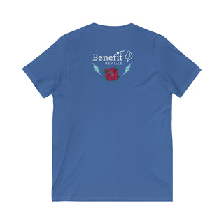 Stay Wild Premium Unisex V-Neck Tee in Teal. Shown is the back of shirt with Benefit Beagle Logo complete with Tattoo Rose. On front of shirt is Stay Wild Design featuring a tattoo style rose with the phrase "Stay Wild, Play Hard" around it.