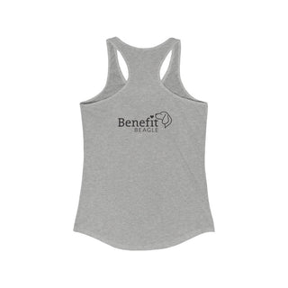 Signature Tattoo Flowers Women's Ideal Racerback Tank in Heather Grey. Shown is back of shirt with the Benefit Beagle Logo. Front of shirt has the Signature Tattoo Flowers design featuring a dog with flowers around it and the phrase "Beagletude" and "Nothing is Impawssible"