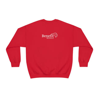 Easily Distracted Unisex Heavy Blend Crewneck Sweatshirt in Red. Shown is back design with the classic Benefit Beagle Logo. The front design features a dog waving with the saying "Easily Distracted by Dogs" below it.